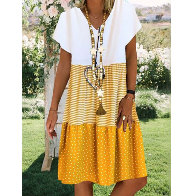 V-Neck Short Sleeve Colorblock Printed Dress Summer Casual Dresses T Shirt Dress Wholesale
