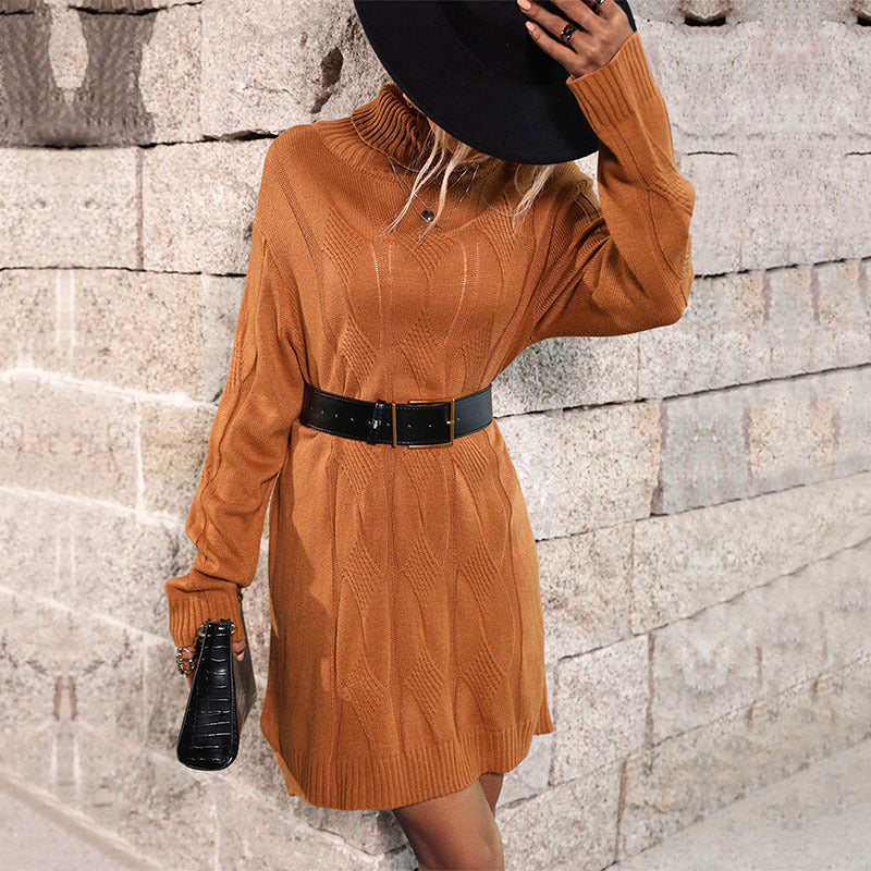 Fashion Solid Color Long-Sleeved Twist Turtleneck Knitted Mini Dress Wholesale Dresses