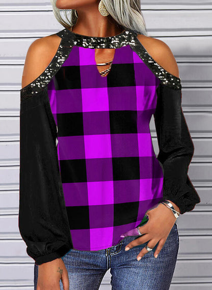 Sexy Off Shoulder Plaid Tops O Neck Wholesale Womens Long Sleeve T Shirts