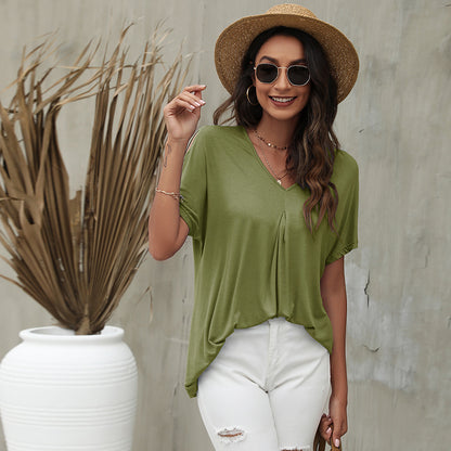 Solid Color Short Sleeve V Neck Wholesale T-shirts For Women Summer