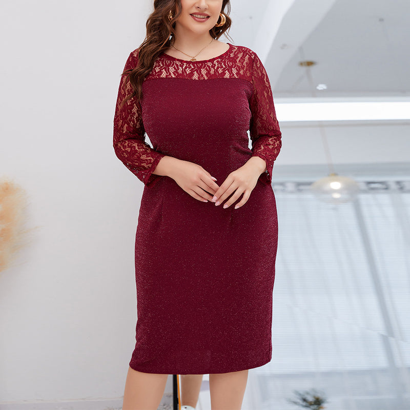 Wholesale Women'S Plus Size Clothing Lace Stitching Round Neck Long Sleeve Slim Fit Simple Dress
