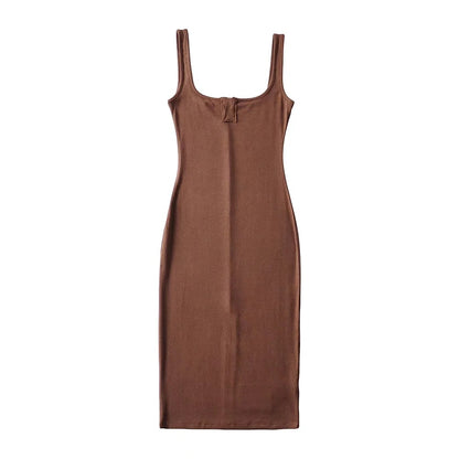 Square Neck Solid Color Back Slit Design Mid Length Tight Tank Dress Bodycon Wholesale Dresses