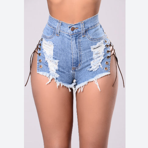 Lace-Up Shredded Denim Shorts Hot Pants Sexy Womens Clothing Summer