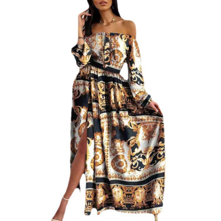 Sexy Wrap Print Slit Maxi Dress V Neck Off-Shoulder Long Sleeve Wholesale Dresses