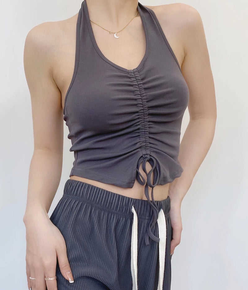 Sexy Wrap Chest Sling Top Lace Up Drawstring Backless High Waist Solid Color Wholesale Crop Tops