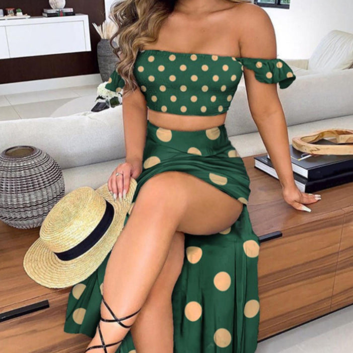 Polka Dot Print Off Shoulder Tube Top & Wide Slit Maxi Skirts Sexy Wholesale Womens 2 Piece Sets