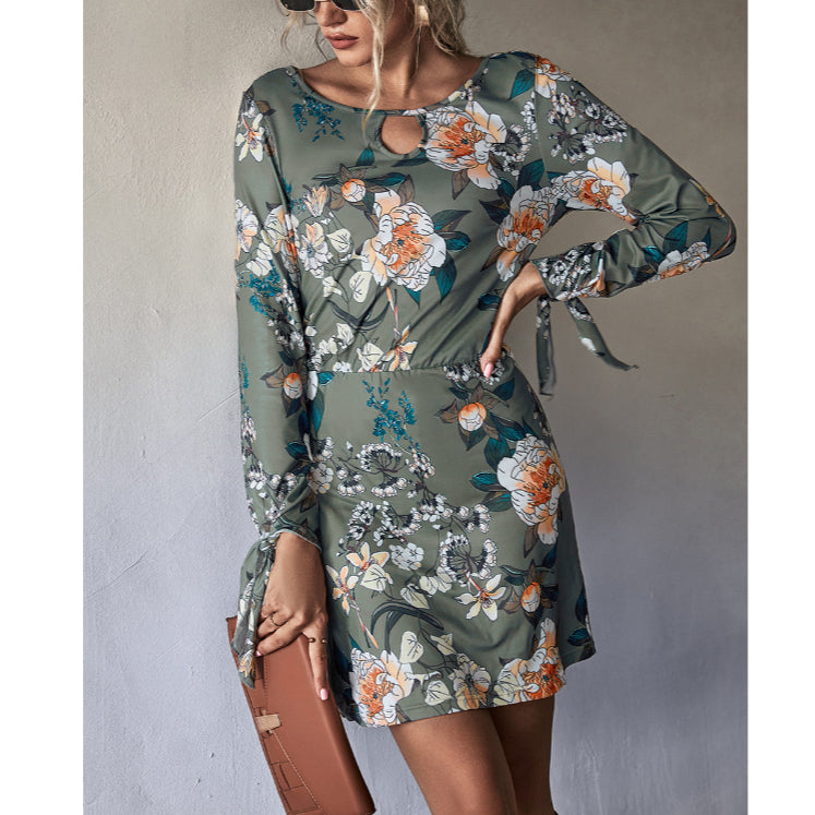 Floral Print Hollow Long Sleeve Bodycon Dress Wholesale Dresses