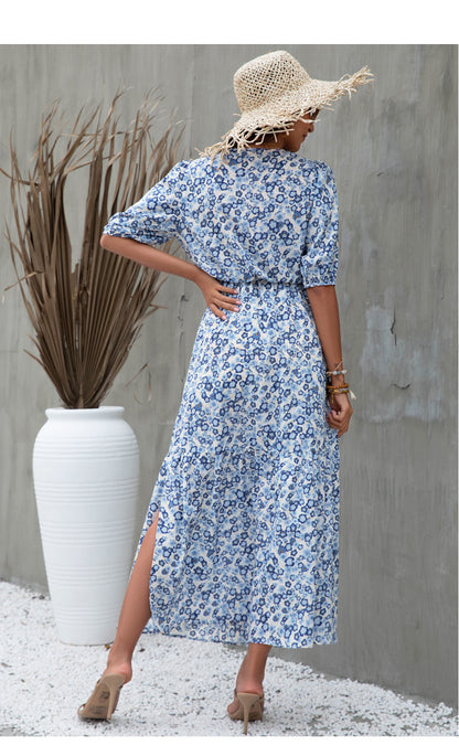 Fashion Lantern Sleeve Knotted Print Midi Dress Sexy Side Slit V Neck Wholesale Dresses