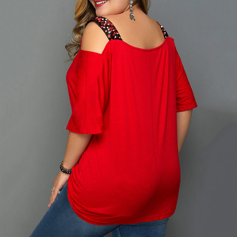 Sexy Christmas Tree Print Strapless Mid-Sleeved T Shirts Wholesale Plus Size Clothing
