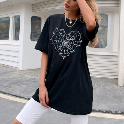 Fashion Spider Web Print Tops Loose Short Sleeve Womens T Shirts Wholesale