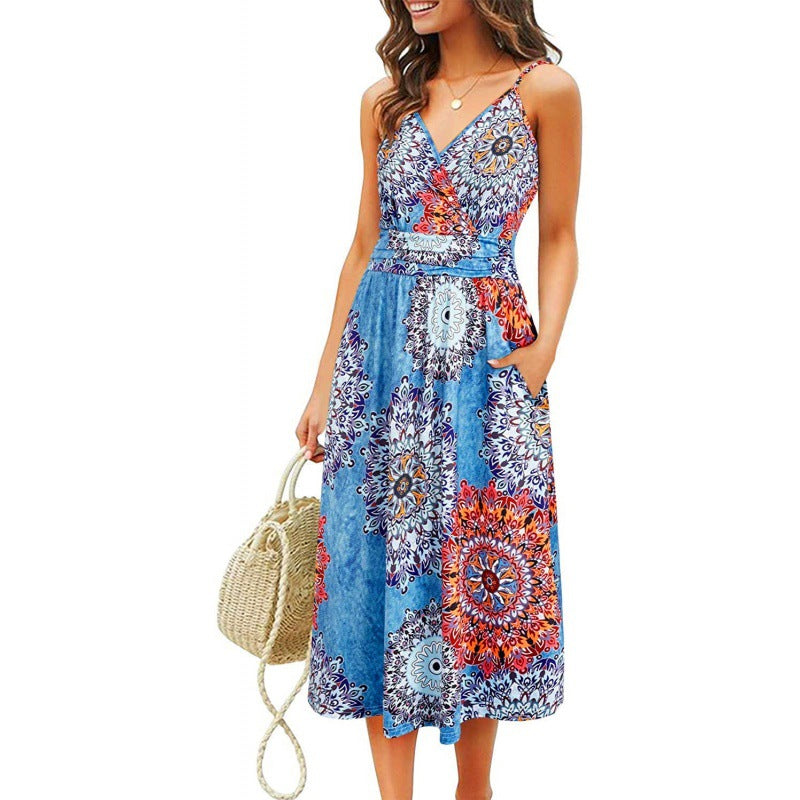 V Neck Trendy Printed Sundresses Sling Swing Dress Beach Vacation Wholesale Dresses