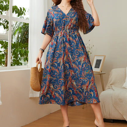 Fashion Chiffon Print V Neck Midi Dress High Waist Loose Short Sleeve Dresses Wholesale Plus Size Clothing