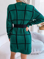 Fashion Plaid Clashing Pullover Long-Sleeved Knitted Dress Wholesale Dresses