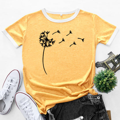 Fashion Patchwork Contrast Dandelion Print Tops Short Sleeve Womens T Shirts Wholesale