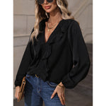 Solid Color Deep V-Neck Ruffle Blouse Wholesale Womens Tops