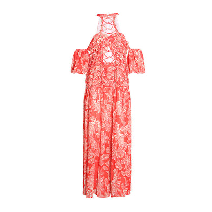 Printed Unique Design Sexy Hollow Tieback Vacation Swing Dress Beach Lantern Short Sleeve Halterneck Wholesale Maxi Dresses