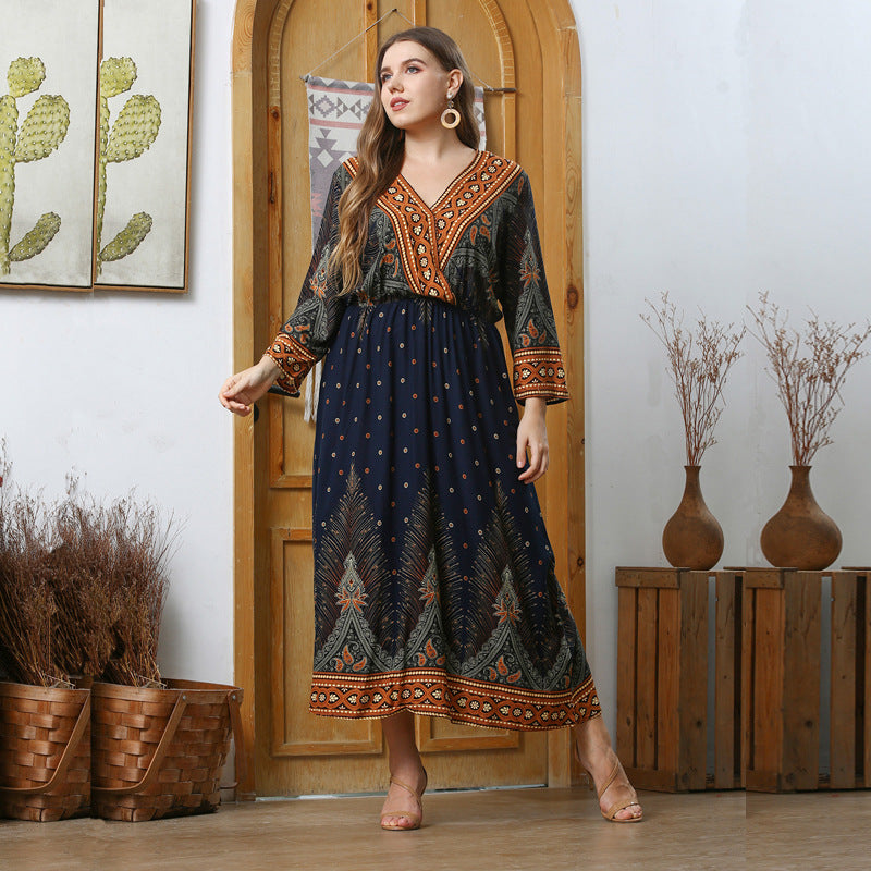 Wholesale Plus Size Women'S Clothing Printed Peacock Pullover Loose V Neck Bohemian Maxi Dress