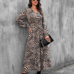 Zebra Print Long-Sleeve Casual High Waist Ruffled Dress Wholesale Dresses