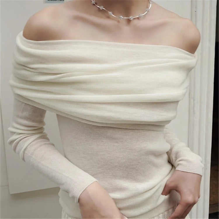Simple Sexy One-Word Collar Slim-Fit Pullover Knitted Pleated Blouses Wholesale Women Top