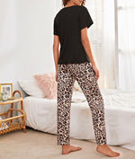 Leopard Print T Shirts & Pants Womens Pajamas 2pcs Suits Homewear Casual Wholesale Loungewear Sets