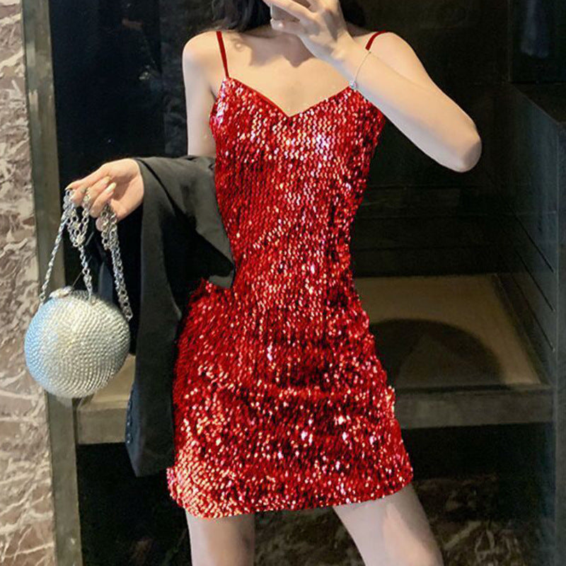 Sequin Sexy Low Cut Tight Suspender Mini Dress Wholesale Dresses