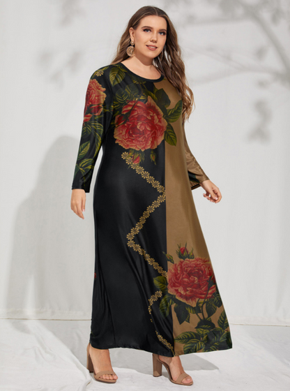 Retro Color Matching Print Maxi Dress Loose Long Sleeve Plus Size Wholesale Dresses