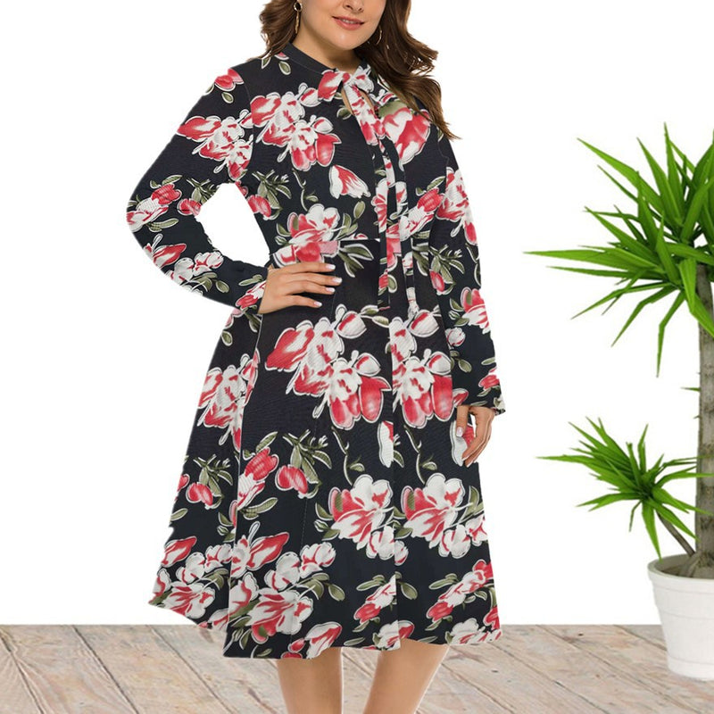 Casual Floral Crew Neck Midi Swing Dress Long Sleeve Lace-Up Wholesale Plus Size Clothing