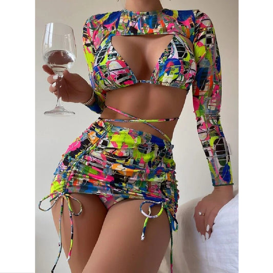 Irregular Print Long-Sleeved Drawstring Bikini Four-Piece Swimsuit Wholesale Women'S Clothing