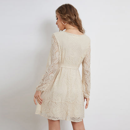 Lace Crochet Long Sleeve V Neck Tie Waist Wholesale Swing Dresses