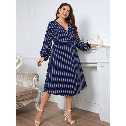 Striped Tie-Up V Neck Midi Curvy Wrap Dresses Wholesale Plus Size Clothing