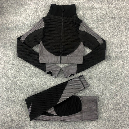 Colorblock Knitting Cardigan & Leggings Fitness Yoga Suits 2pcs Wholesale Activewear Sets