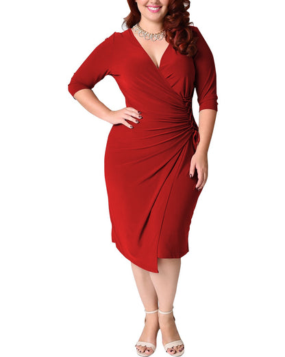 V Neck Mid-Sleeve Tie Waist Curvy Wrap Dresses Wholesale Plus Size Clothing