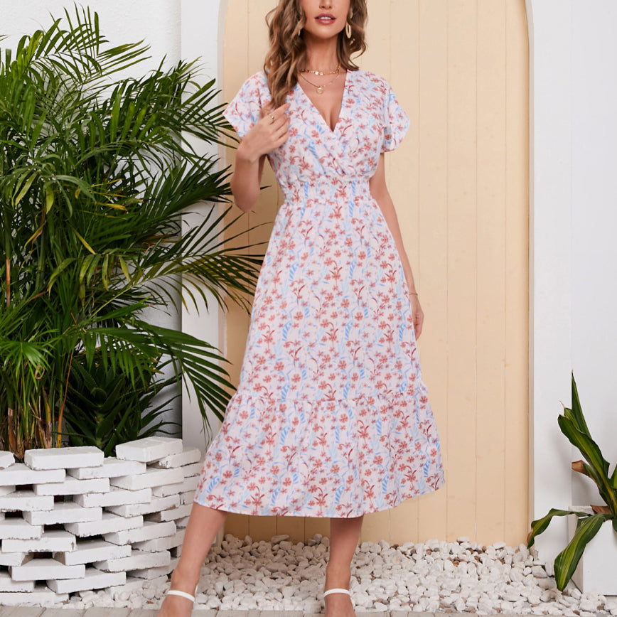 Printed Short Sleeve V Neck Midi Swing Chiffon Dress Wholesale Dresses