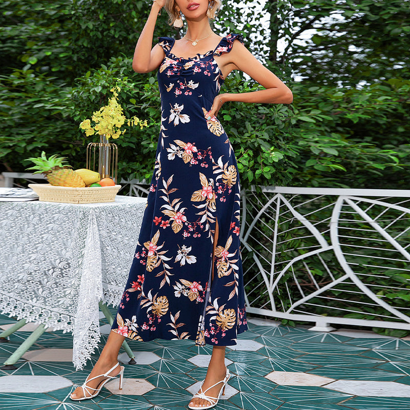 Fashion Floral Slip Midi Dress Slim Casual High Slit Sleeveless Wholesale Dresses