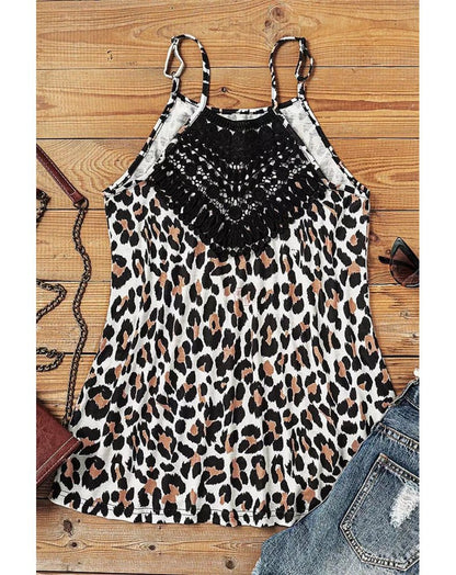 Leopard Print Lace Crochet Spaghetti Strap Sleeveless Wholesale Tank Tops for Summer