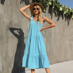 Women Fashion Solid Color Ruffle Sleeve Square Neck Pleated Wholesale Swing Dresses