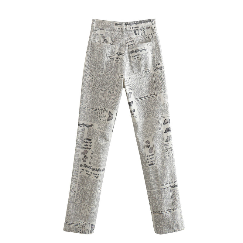 Newspaper Print Fashion Women Slim Denim Trousers Straight Jeans Wholesale