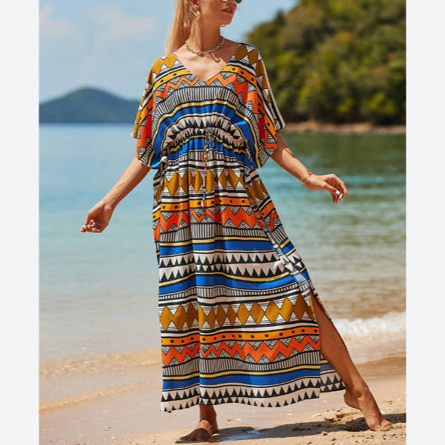 Tie-Up Waist Casual Geometric Print Loose Beach Blouse Resort Beachwear Cover Up Wholesale Maxi Dresses