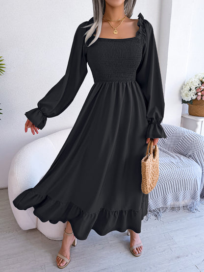 Casual Square Neck Flared Swing Ruffle Dress Wholesale Dresses