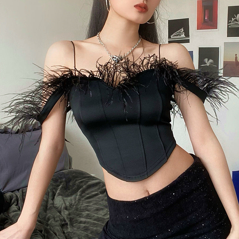 Sexy Furry Backless Patchwork Solid Color Camisole Wholesale Crop Tops