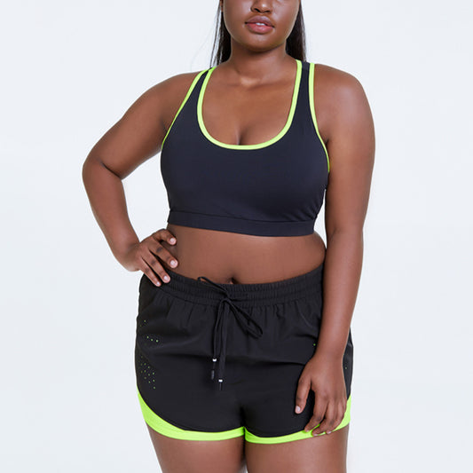 Fitness 2pcs Curvy Workout Clothes Colorblock Sport Bra & Shorts Wholesale Plus Size Clothing