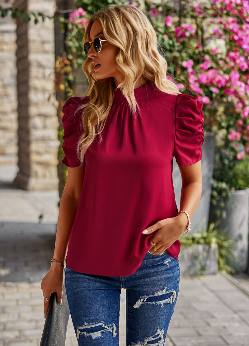 Pleated Bubble Short Sleeve Solid Round Neck Loose Commuter Wholesale Women Top