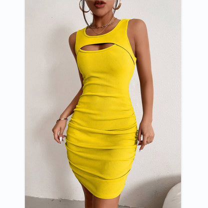 Sleeveless Pleated Slim Sexy Bag Hip Hollow Tank Dress Wholesale Dresses