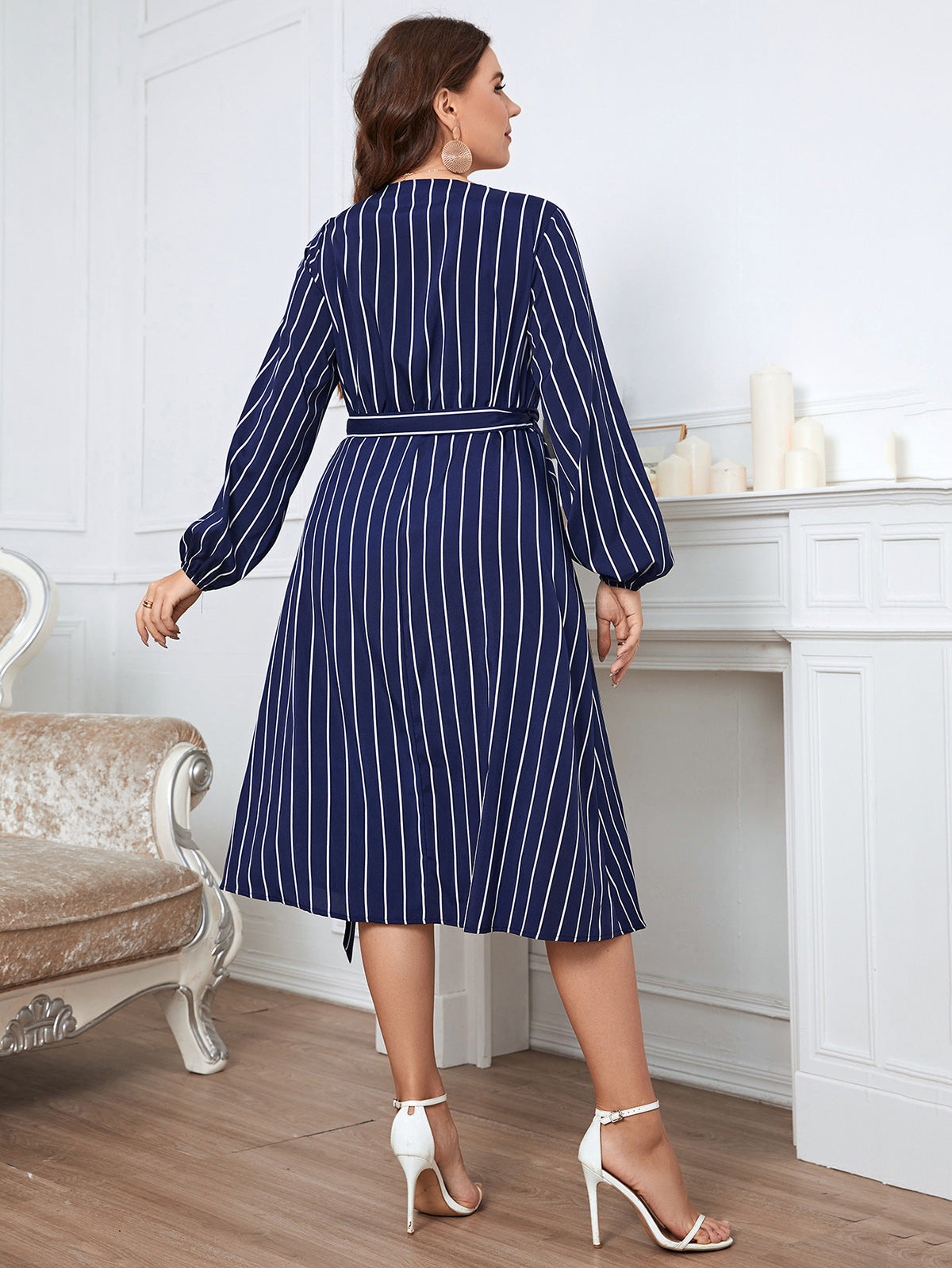 Striped Tie-Up V Neck Midi Curvy Wrap Dresses Wholesale Plus Size Clothing