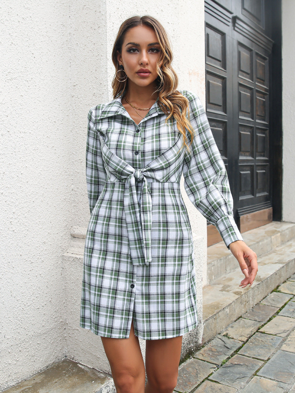 Turn Down Collar Plaid Print Button Down Tie Waist Wholesale Shirt Dresses