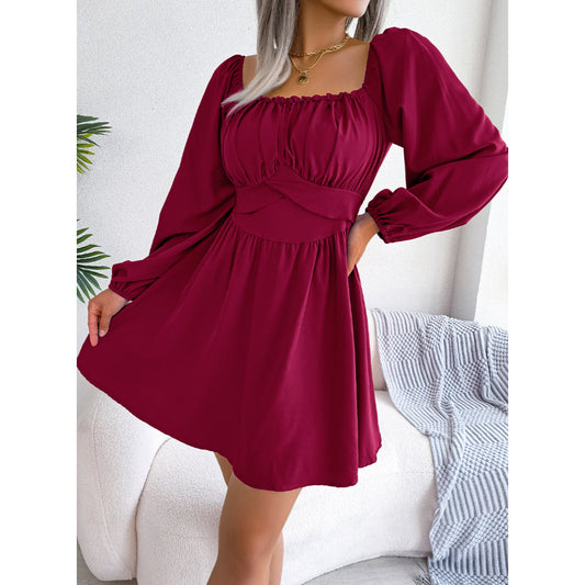 Solid Color Square Neck Slim Pleated Long-Sleeved Mini Dress Wholesale Dresses