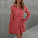Casual Lapel Single-Breasted Solid Color Laced Shirt Dress Wholesale Dresses