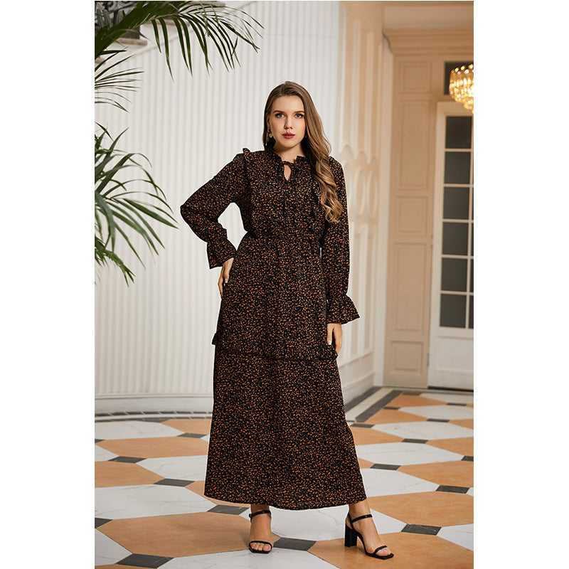 Leopard Print Long Sleeve Curvy Maxi Dresses Wholesale Plus Size Clothing