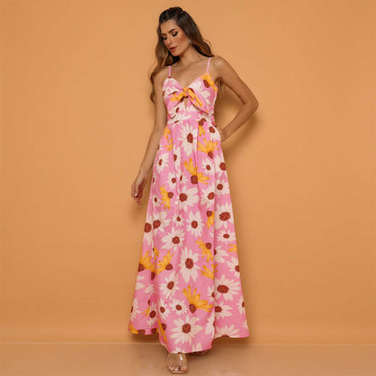 Floral Print Sleeve Spaghetti Strap Wholesale Maxi Dresses