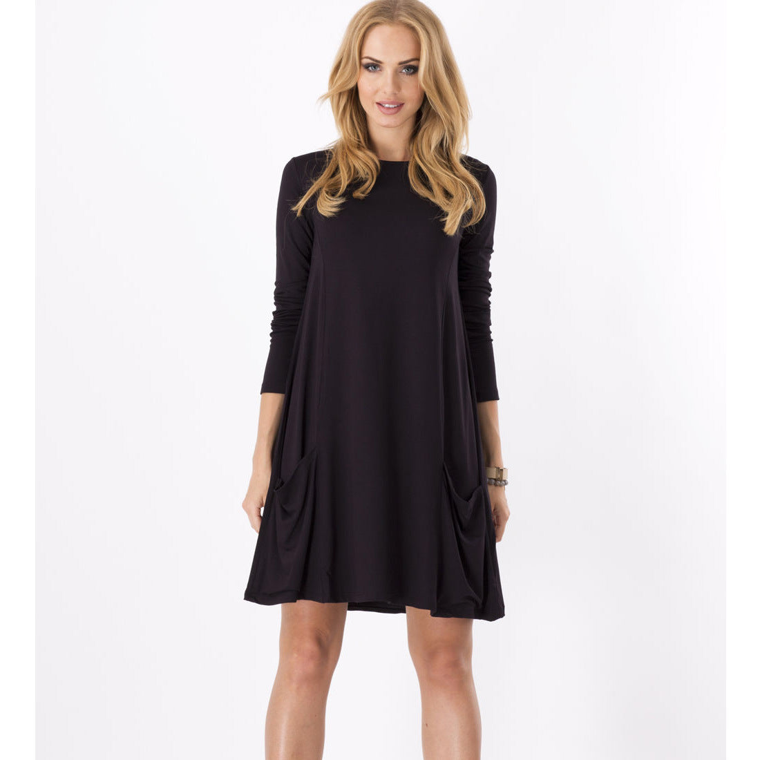 Simple Loose Long Sleeve Midi T Shirt Dress Wholesale Casual Dresses With Pockets